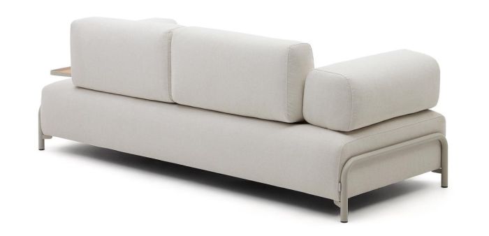 Sofá 3 Plazas Chenilla Beige Bandeja Grande Acero Gris, 232 Cm