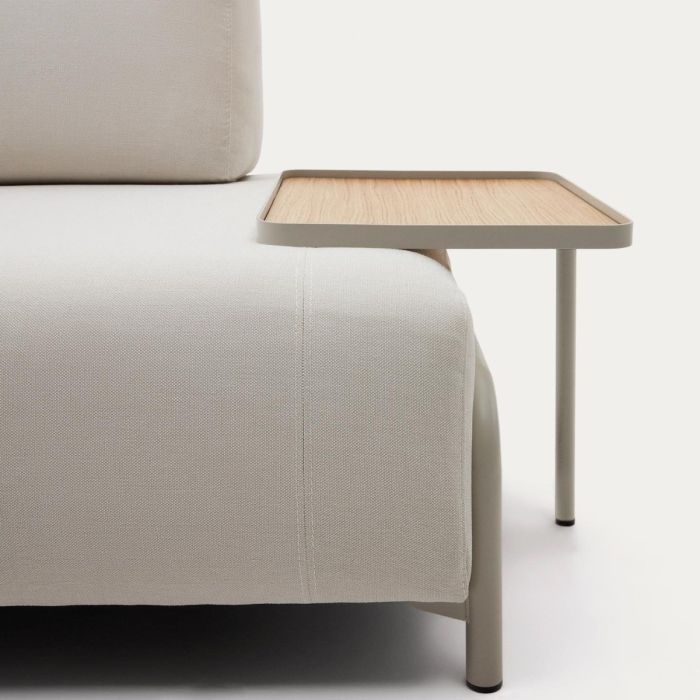 Sofá 3 Plazas Chenilla Beige Bandeja Grande Acero Gris, 232 Cm