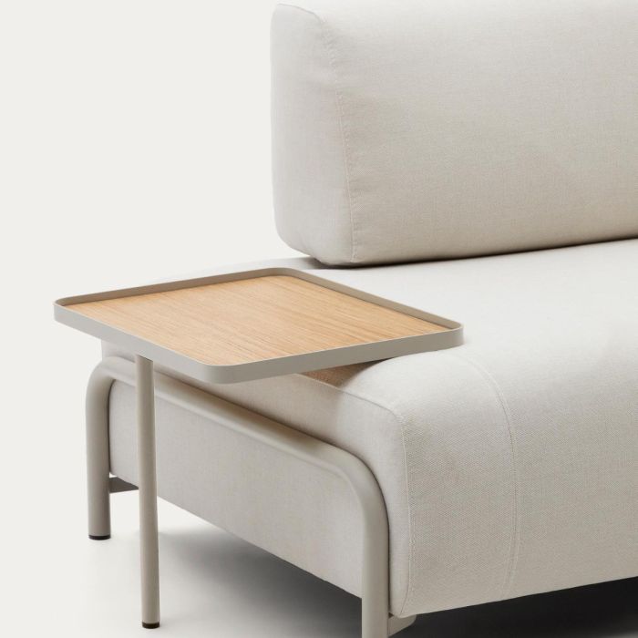 Sofá 3 Plazas Chenilla Beige Bandeja Grande Acero Gris, 232 Cm