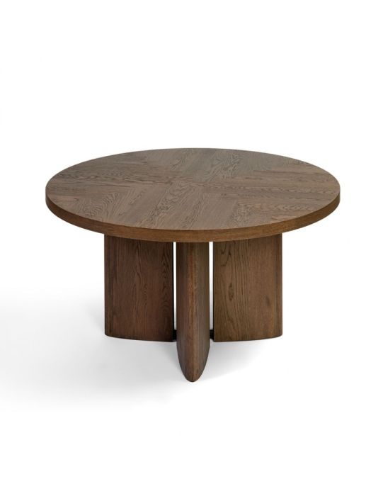 Mesa de comedor nórdica en madera de roble marrón con pata central.