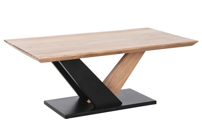 Mesa de centro industrial en madera de acacia natural y metal negro.