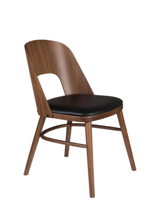 Silla mid-century en madera marrón y asiento de cuero negro.