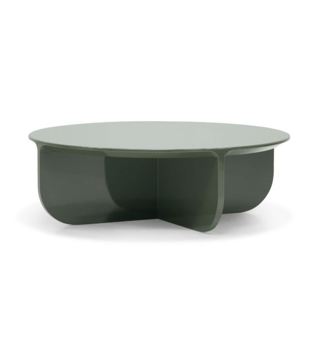 Mesa de centro moderna en fibra de vidrio lacado verde oliva.