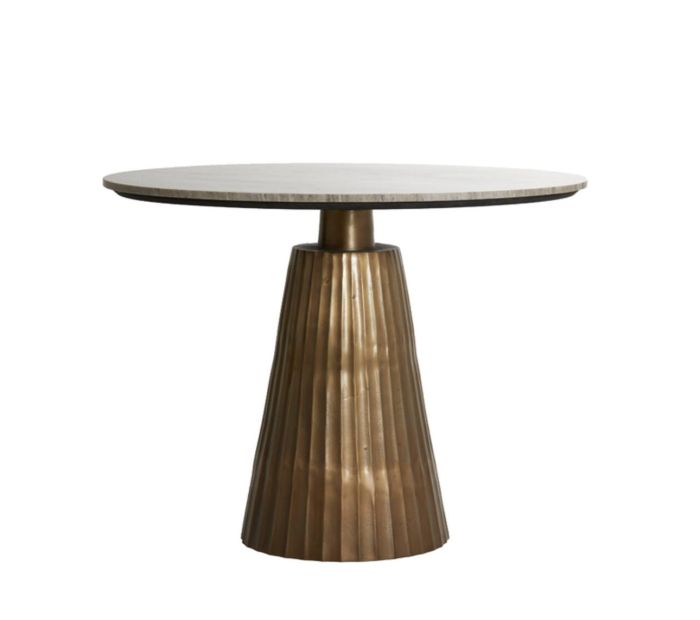 Mesa de comedor art decó con sobre en mármol topo y base de metal bronce antiguo.