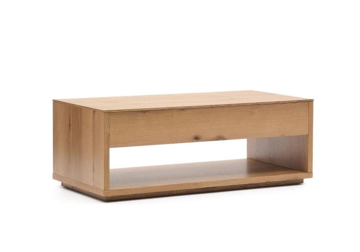 Mesa de centro nórdica en madera de roble natural con sobre elevable.