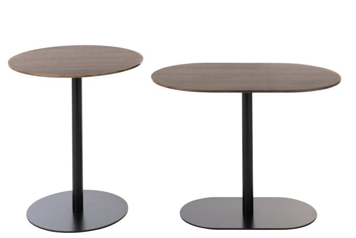 Set de 2 mesas auxiliares en madera marrón oscuro y metal negro.