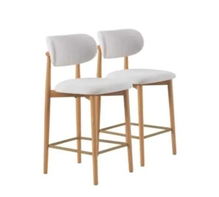 Conjunto de 2 taburetes en madera de roble natural, metal y tejido chenilla blanco.