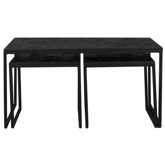 Set 3 Mesas Centro Estilo Industrial Negro Mate Madera Teca, 80 Cm
