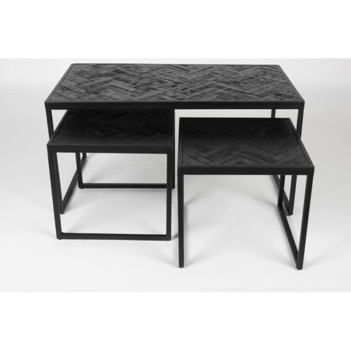 Set 3 Mesas Centro Madera Teca Hierro Negro Mate, 80 Cm