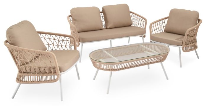 Conjunto de jardín tropical un sofá, sillones y una mesa de centro en cuerda, acero blanco y cristal templado.