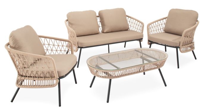 Conjunto de jardín tropical un sofá, sillones y una mesa de centro en cuerda, acero negro y cristal templado.
