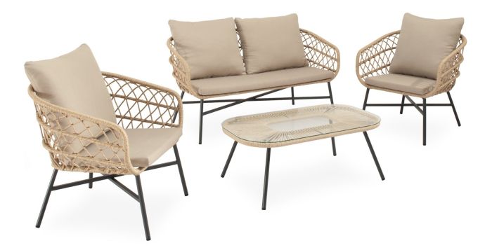 Conjunto de jardín tropical un sofá, sillones y una mesa de centro en cuerda beige, acero negro y cristal templado.