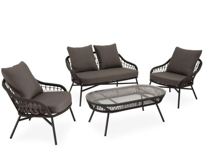 Conjunto de jardín tropical un sofá, sillones y una mesa de centro en cuerda, acero gris y cristal templado.