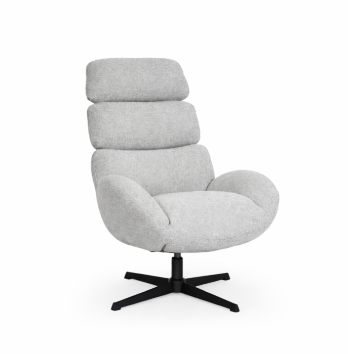 Sillón giratorio moderno tapizado en tejido gris con base de metal negro.