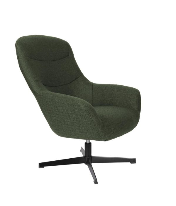 Sillón giratorio en madera tapizado en tejido verde con patas de metal negro.