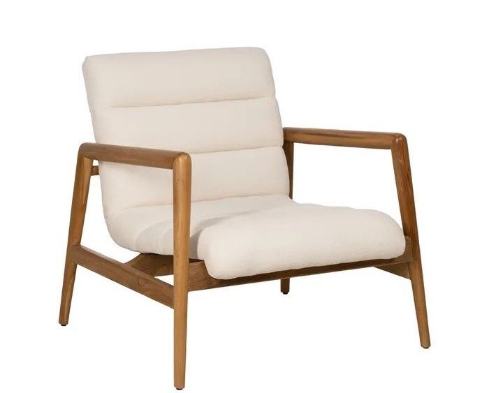 Sillón nórdico en madera de teca natural y tejido blanco.