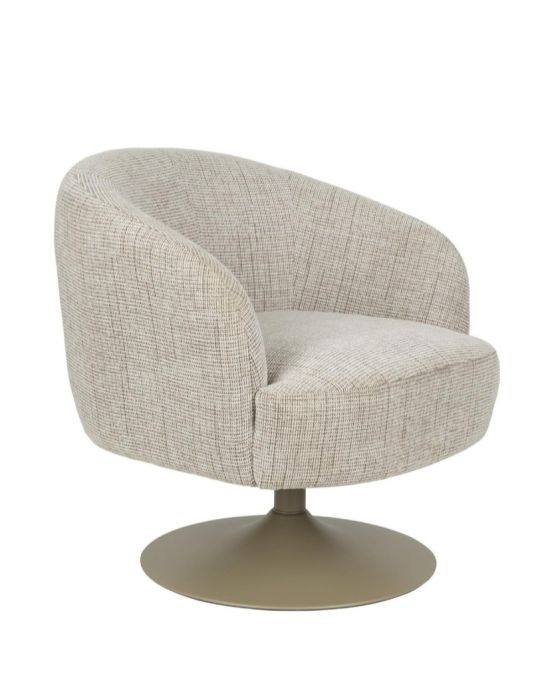 Sillón nórdico moderno tapizado en tejido beige jaspeado y base de acero marrón.