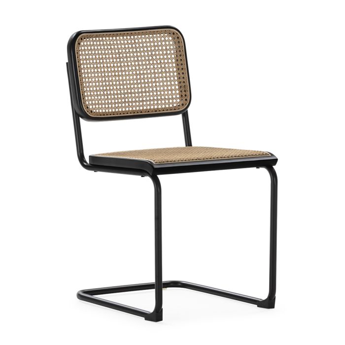 Silla en metal negro, madera de haya y ratán natural 46 cm