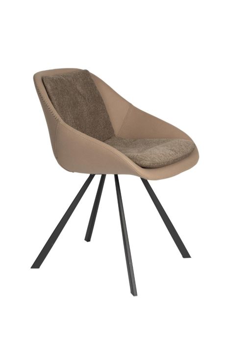 Silla moderna en madera de eucalipto y madera contrachapada tapizado en tejido beige y patas metálicas en negro.
