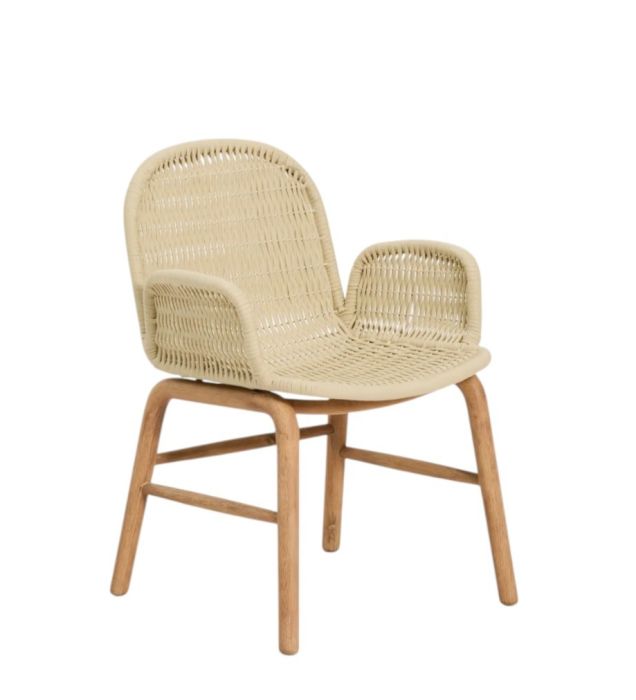 Silla de exterior con reposabrazos en madera de acacia natural y cuerda trenzado crudo 60 cm