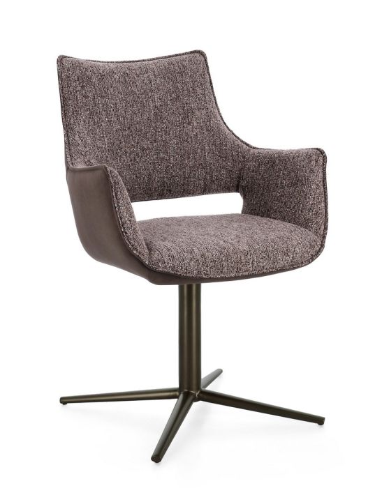 Silla giratoria en madera tapizada en tejido marrón y marrón oscuro con estructura de acero chocolate.