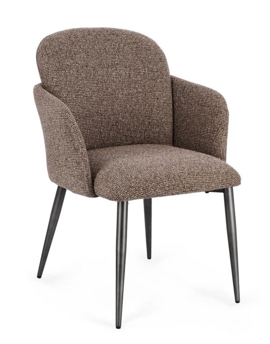 Silla en madera contrachapada tapizado en tejido gris oliva y patas de acero plateado oscuro cepillado.