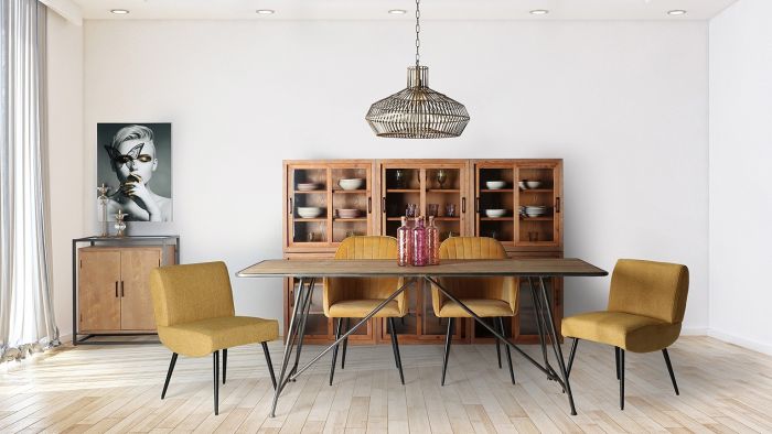 Silla Salón Chenilla Amarillo Metal Negro