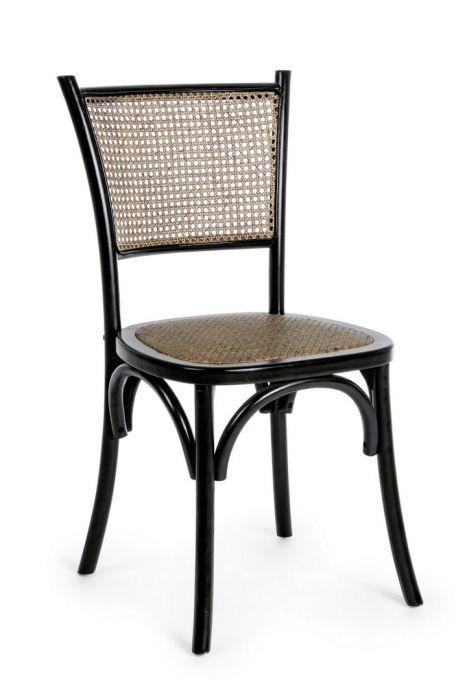 Silla en madera de olmo negro y ratán trenzado natural.