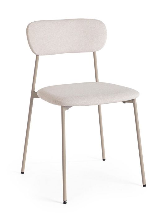 Silla en madera tapizada gris con estructura de acero topo.