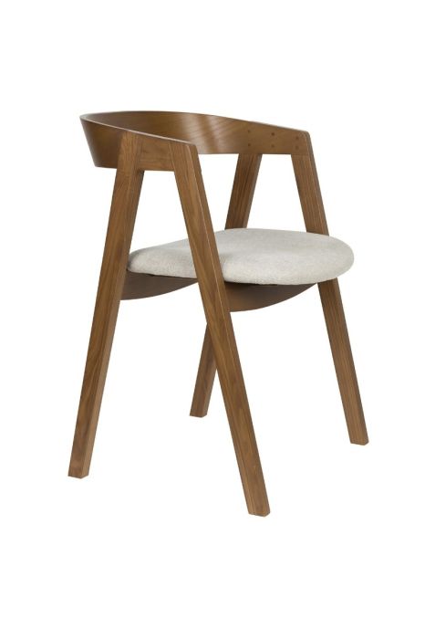 Silla en madera de fresno nogal tapizado en tela en tono claro.