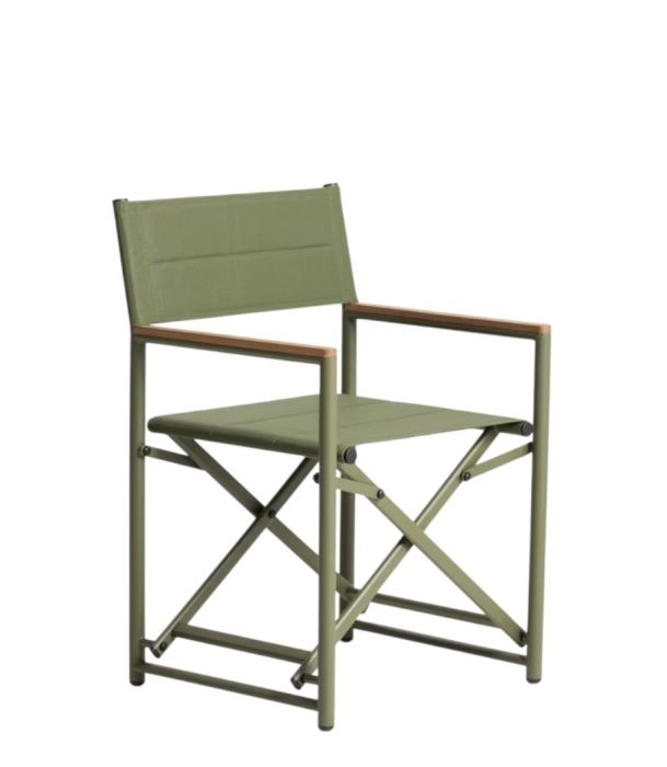 Silla de exterior aluminio y texteline verde con reposabrazos efecto madera 56,5 cm