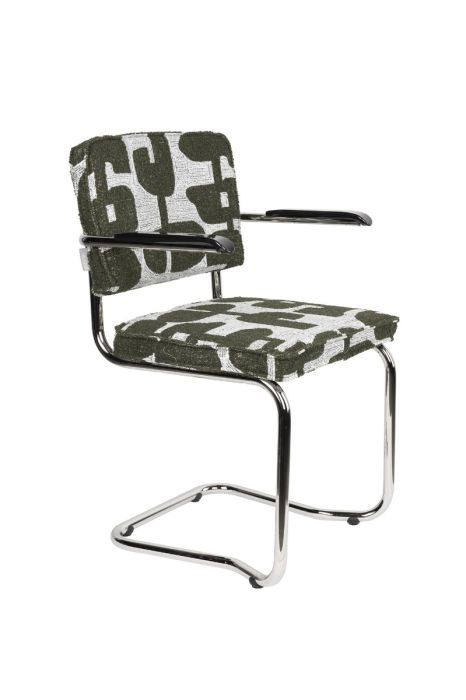 Silla de madera tapizada en tejido verde y metal cromado 60 cm