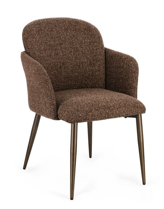 Silla en madera contrachapada tapizado en tejido toffe y patas de acero bronce cepillado.