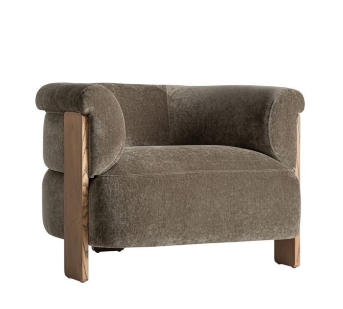 Sillón en madera de pino marrón tapizado verde chenilla.