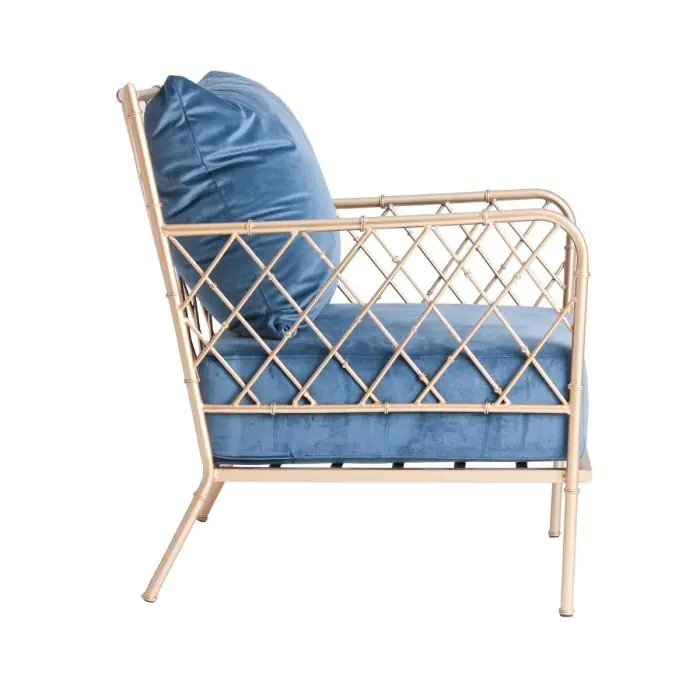 Sillón Art Decó Azul Metal Dorado, 74 Cm
