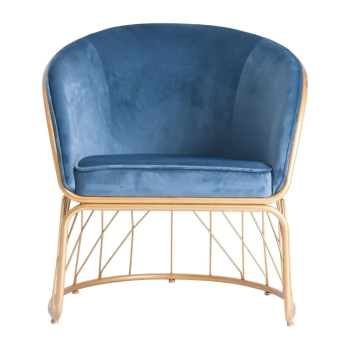Sillón Art Decó Terciopelo Azul y Patas Metal Dorado, 80 Cm