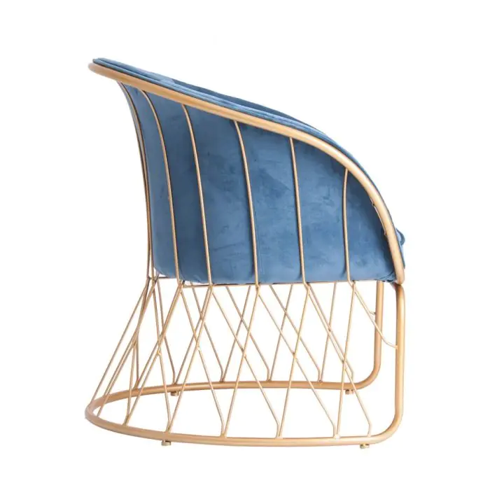 Sillón Art Decó Terciopelo Azul y Patas Metal Dorado, 80 Cm