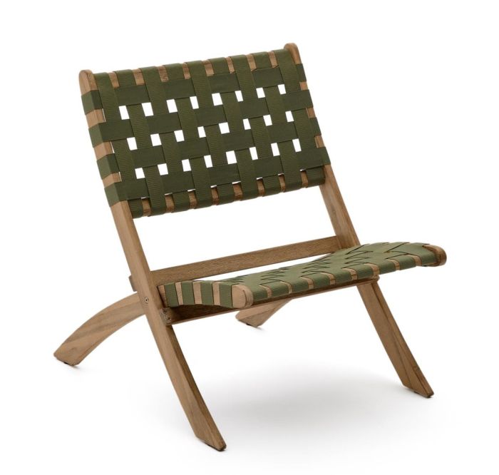 Sillón plegable de jardín en madera de acacia marrón y cuerda verde.
