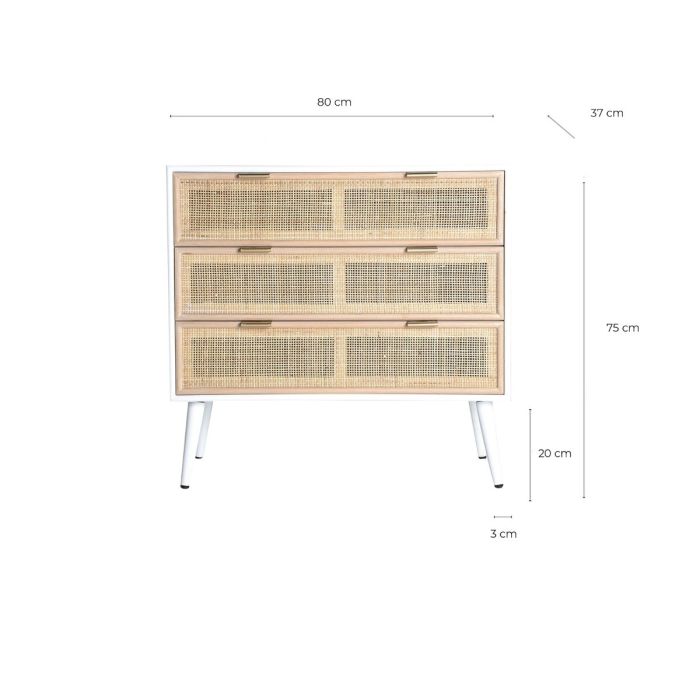 Cómoda Nórdica Madera Pino Blanco Rattan Natural 80 Cm