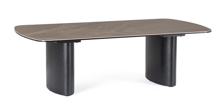 Mesa de centro de diseño moderno con sobre de cerámica marrón y vidrio con una base de roble negro.