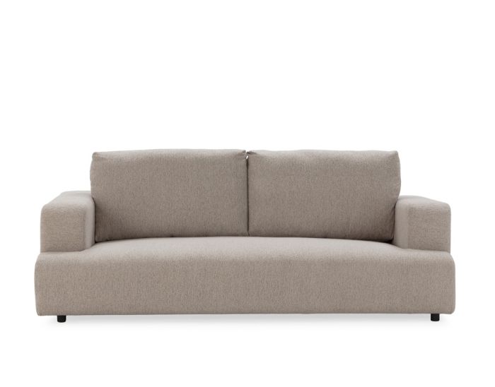 Sofá en madera de abedul tapizado en tejido gris.