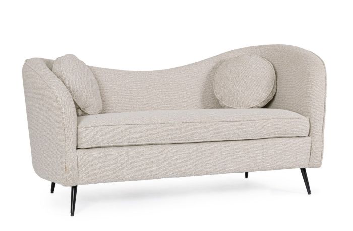 Sofá 2 plazas en madera de pino tapizado gris claro con patas de metal negro.