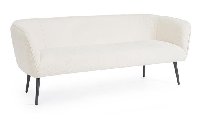 Sofá 3 plazas en madera contrachapada tapizado blanco con patas de metal negro.