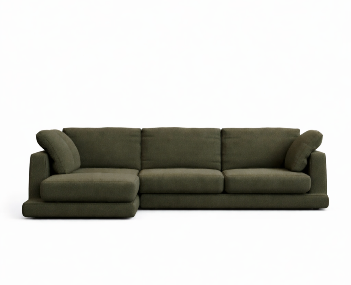 Sofá 4 plazas chaise lounge en madera tapizada en verde oscuro.
