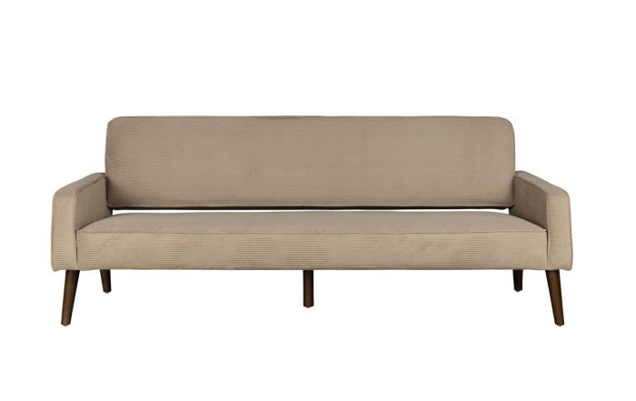 Sofá en madera nogal tapizado beige.