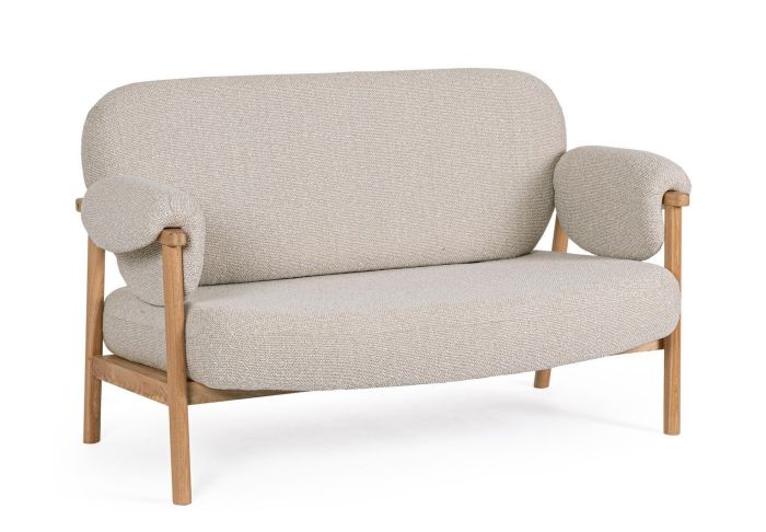 Sofá 2 plazas en madera de abedul natural tapizado en tejido gris claro.