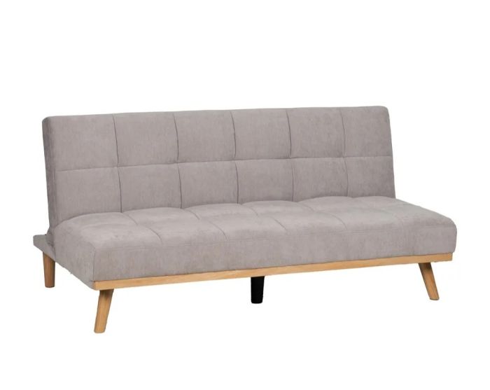 Sofá cama en madera natural tapizada en tejido gris y pie de metal negro.