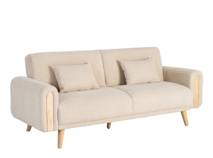 Sofá cama en madera natural tapizada en tejido crema.