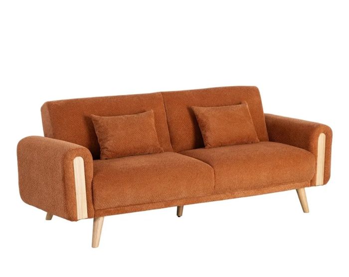Sofá cama en madera natural tapizada en tejido terracota.