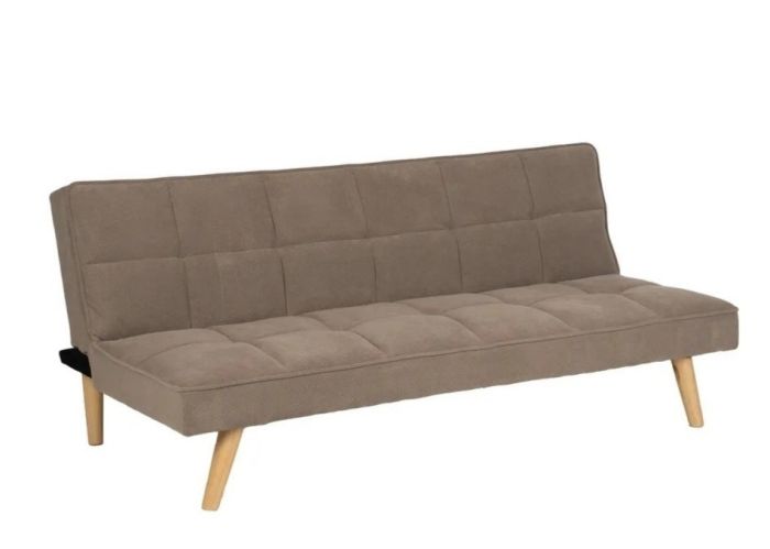 Sofá cama en madera natural tapizada en tela beige.